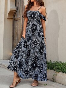 Paisley Scarf Print Cold Shoulder Dress - Black and White - View 6