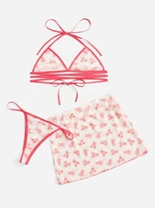 Cartoon Graphic Lingerie Set With Cover Up - Watermelon Pink - View 1