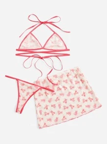 Cartoon Graphic Lingerie Set With Cover Up - Watermelon Pink - View 2