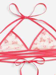 Cartoon Graphic Lingerie Set With Cover Up - Watermelon Pink - View 3