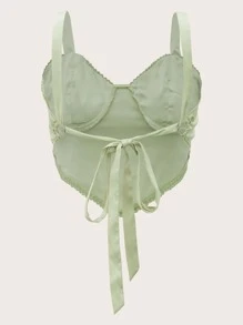 SHEIN MOD 胸部褶皺蕾絲邊後背繫帶緞面吊帶上衣 - 薄荷綠 - 查看 2