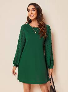 SHEIN Clasi Swiss Dot Side Solid Dress - Dark Green - View 2