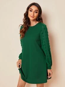SHEIN Clasi Swiss Dot Side Solid Dress - Dark Green - View 4