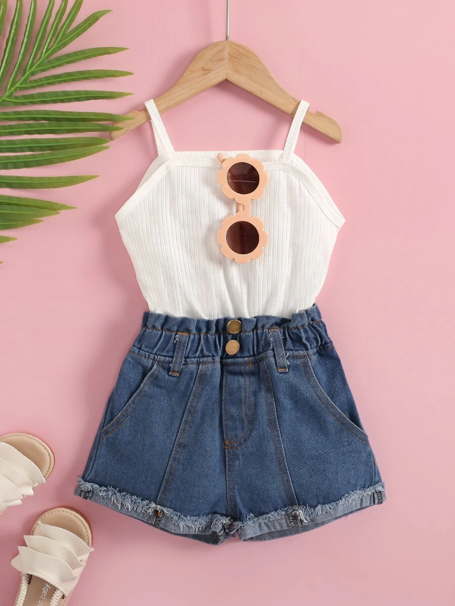 Jumpsuit bé gái Hem thô Gân đan Quần paper-bag Khối Màu Giải trí - Xanh và trắng - Xem 1