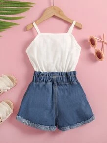 Jumpsuit bé gái Hem thô Gân đan Quần paper-bag Khối Màu Giải trí - Xanh và trắng - Xem 2