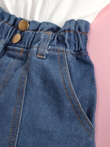 Jumpsuit bé gái Hem thô Gân đan Quần paper-bag Khối Màu Giải trí - Xanh và trắng - Xem 4