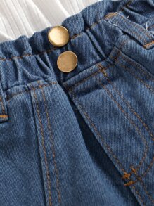 Jumpsuit bé gái Hem thô Gân đan Quần paper-bag Khối Màu Giải trí - Xanh và trắng - Xem 6