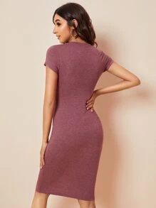 SHEIN Privé Round Neck Solid Bodycon Dress - Dusty Pink - View 2