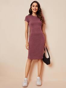 SHEIN Privé Round Neck Solid Bodycon Dress - Dusty Pink - View 4