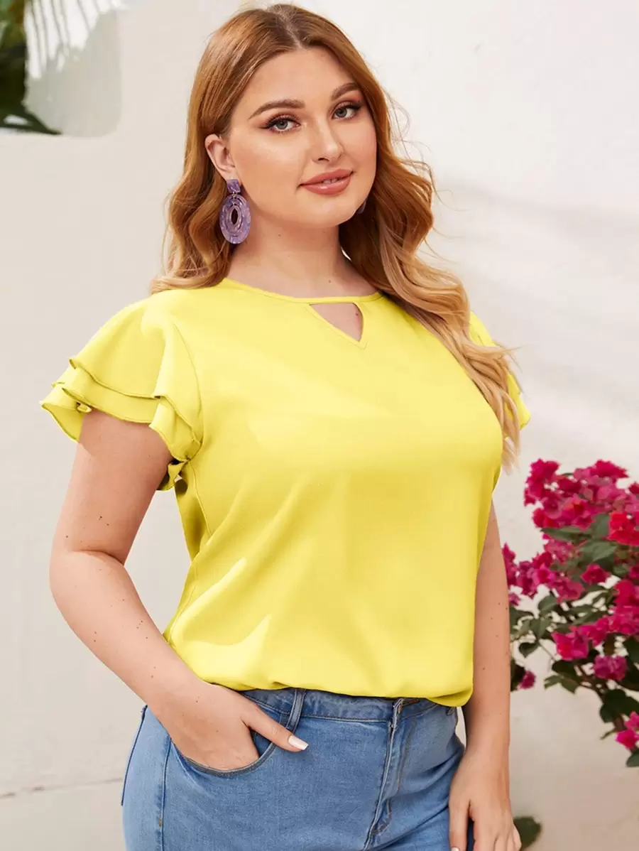 SHEIN Clasi Áo sơ mi Plus Size Xù phân lớp màu trơn Thanh lịch - Màu vàng - Xem 1