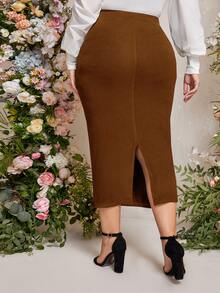 Modelyn Plus Solid High Waist Pencil Skirt - Rust Brown - View 2