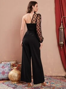 Modelyn Contrast Dobby Mesh Puff Sleeve One Shoulder Draped Side Jumpsuit - Black - View 2