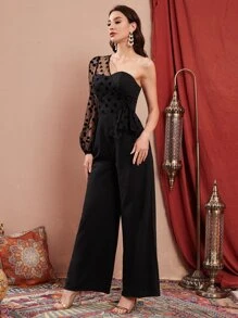 Modelyn Contrast Dobby Mesh Puff Sleeve One Shoulder Draped Side Jumpsuit - Black - View 5