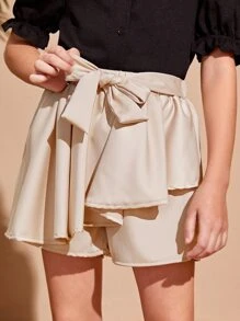 SHEIN 女孩前繫帶闊腿短褲 - 杏色 - 查看 1