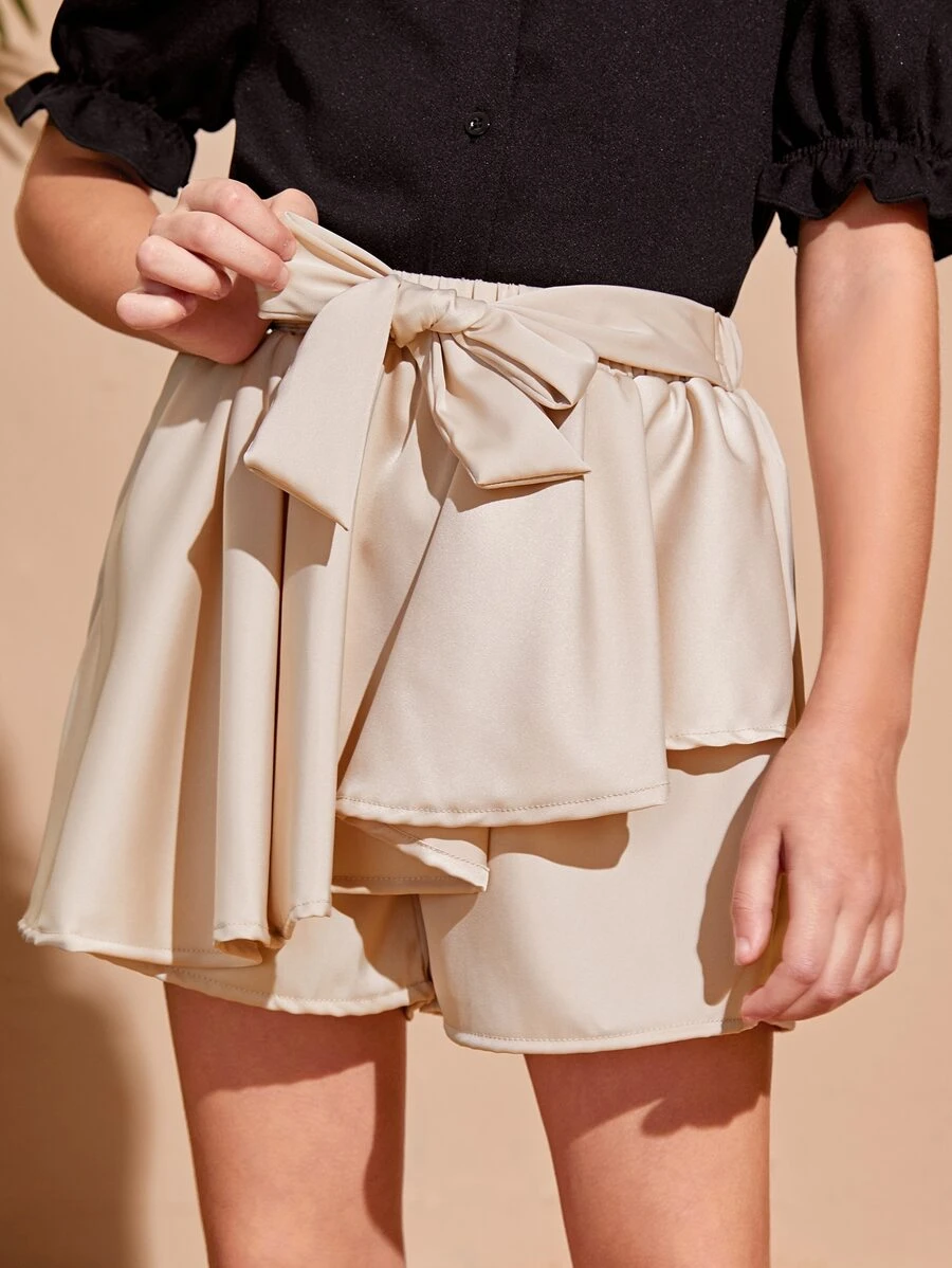 SHEIN 女孩前繫帶闊腿短褲 - 杏色 - 查看 1