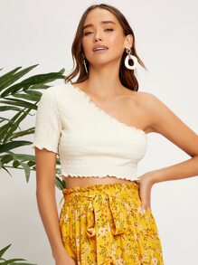 SHEIN 單肩木耳邊短款上衣 - 米色 - 查看 1