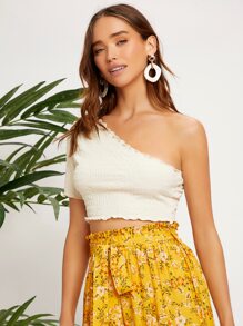 SHEIN 單肩木耳邊短款上衣 - 米色 - 查看 5