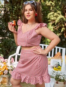 SHEIN VCAY 大碼格子圖案木耳褶皺邊短款上衣和荷葉邊裙子套裝 - 紅白色 - 查看 4