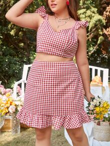 SHEIN VCAY 大碼格子圖案木耳褶皺邊短款上衣和荷葉邊裙子套裝 - 紅白色 - 查看 5