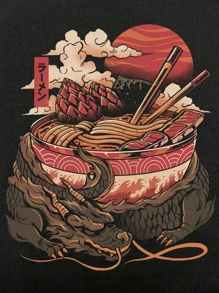 Ilustrata Dragon & Noodle Graphic Drop Shoulder Tee - Black - View 5