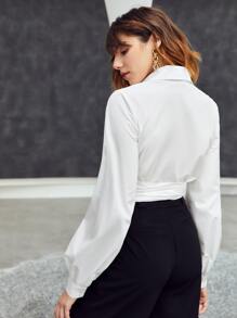 SHEIN Surplice Wrap Belted Shirt - White - View 2