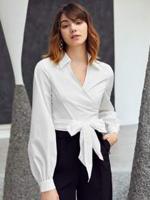 SHEIN Surplice Wrap Belted Shirt - White - View 3