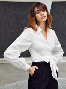 SHEIN Surplice Wrap Belted Shirt - White - View 5