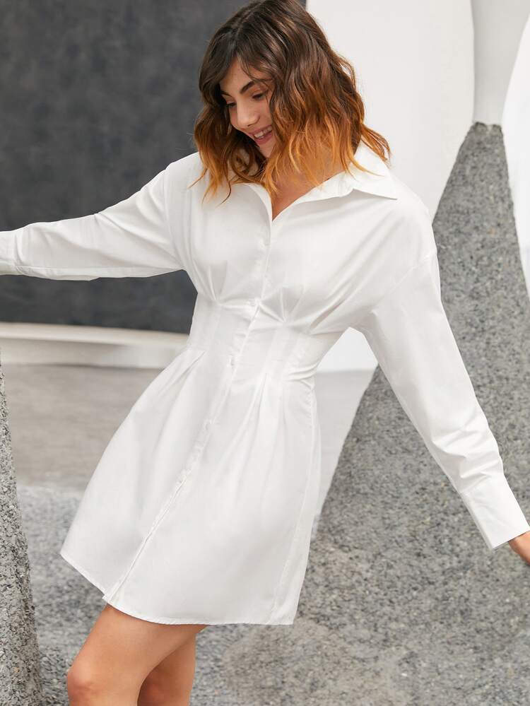 SHEIN 前排扣襯衫連衣裙 - 白色 - 查看 3