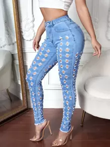 SHEIN SXY Ripped Raw Hem Skinny Jeans - Light Wash - View 1