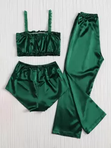 3 piezas Conjunto de pijama de satén sólido - Verde - Ver 2