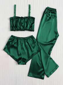 3 piezas Conjunto de pijama de satén sólido - Verde - Ver 5