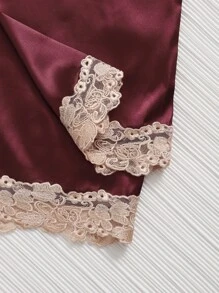 3 piezas Conjunto de pijama con bordado de malla ribete con cinturón de satén - Burdeos - Ver 5