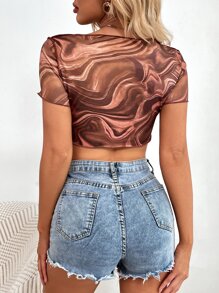 大理石圖案頂針不對稱下擺T恤 - 彩色 - 查看 2