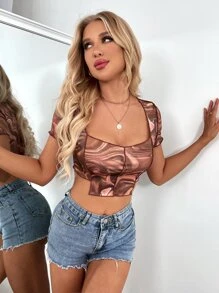 大理石圖案頂針不對稱下擺T恤 - 彩色 - 查看 3