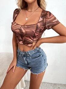 大理石圖案頂針不對稱下擺T恤 - 彩色 - 查看 5