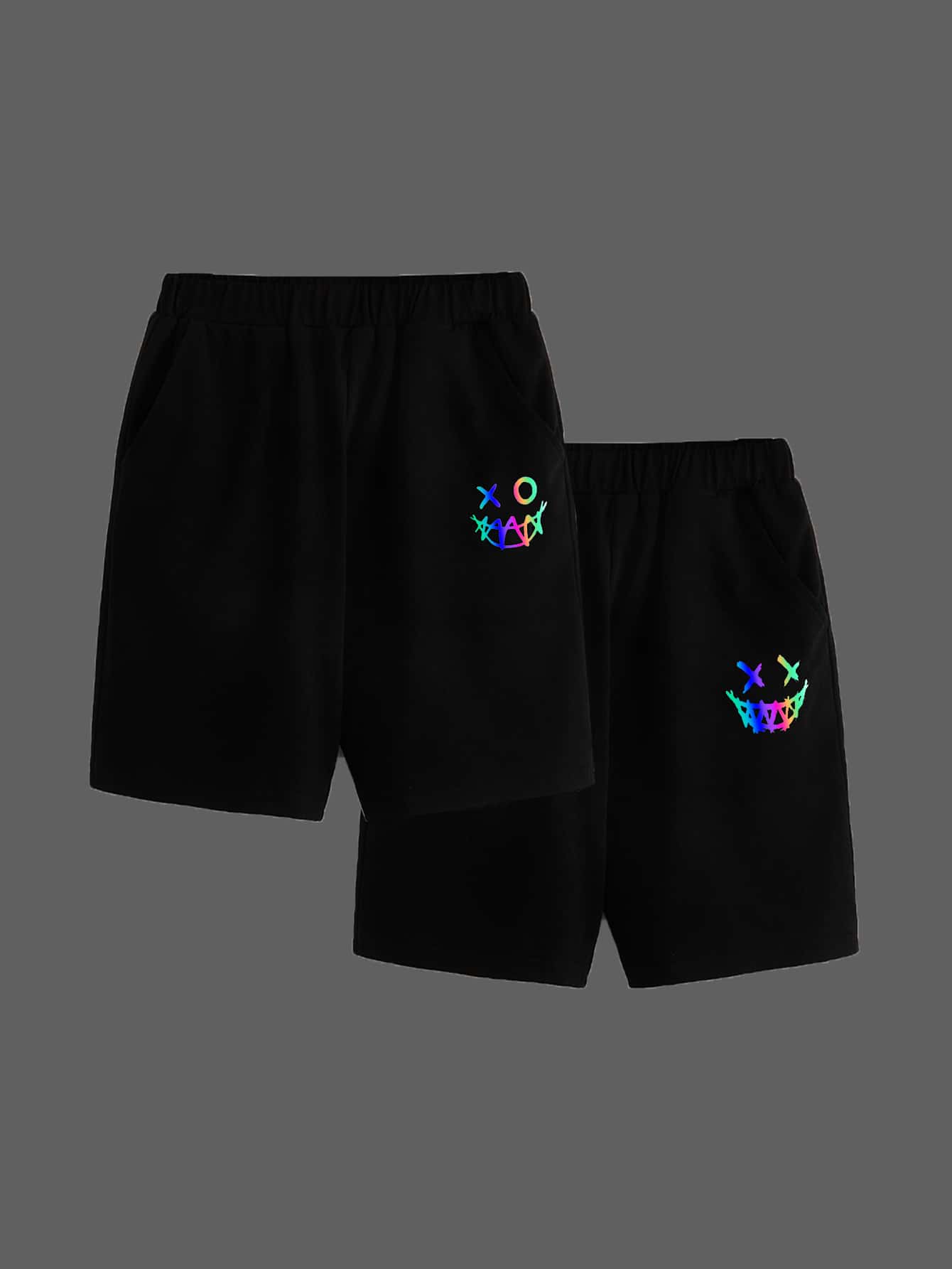 SHEIN Quần short phản quang họa tiết hoạt hình cho bé trai tuổi teen 2 chiếc - màu đen - Xem 1