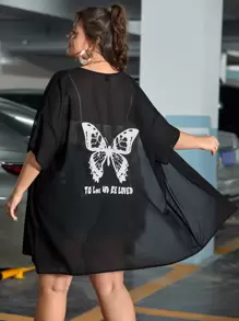SHEIN Plus Butterfly Print Sheer Chiffon Kimono - Black - View 1