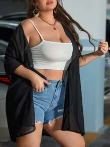 SHEIN Plus Butterfly Print Sheer Chiffon Kimono - Black - View 5