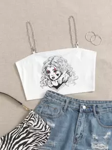SHEIN EZwear Áo hai dây Chuỗi Con số Giải trí - trắng - Xem 1
