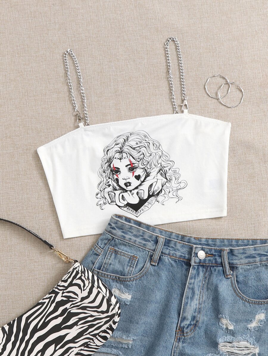 SHEIN EZwear Áo hai dây Chuỗi Con số Giải trí - trắng - Xem 1