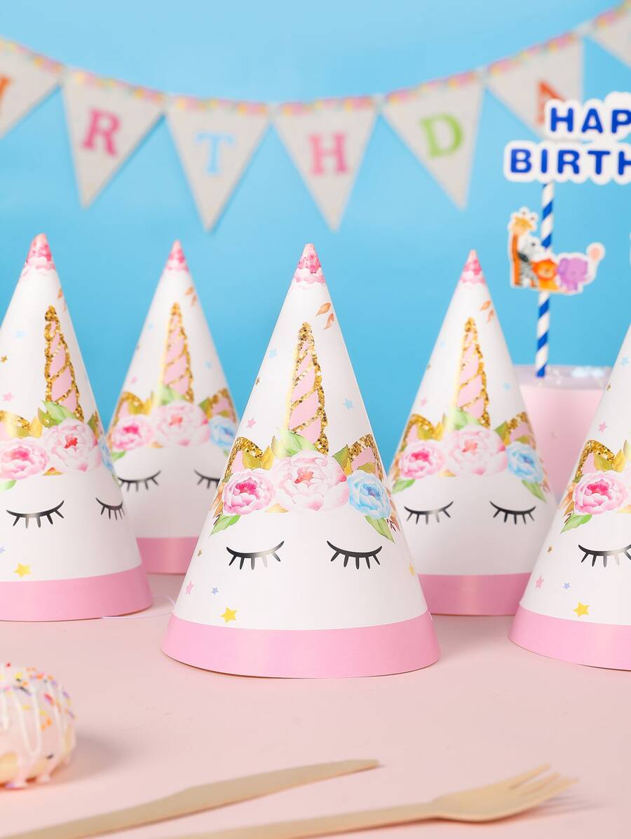 6pcs Unicorn Print Party Hat, Cartoon Cute Headwear For Birthday Party - Multicolor - View 1