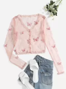 SHEIN 3D蝴蝶貼花細節透視網紗上衣 - 淺粉色 - 查看 1