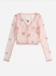 SHEIN 3D蝴蝶貼花細節透視網紗上衣 - 淺粉色 - 查看 2