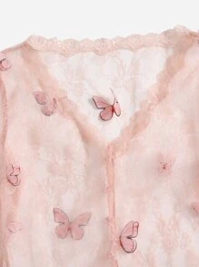 SHEIN 3D蝴蝶貼花細節透視網紗上衣 - 淺粉色 - 查看 3