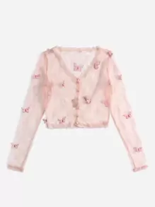 SHEIN 3D蝴蝶貼花細節透視網紗上衣 - 淺粉色 - 查看 4