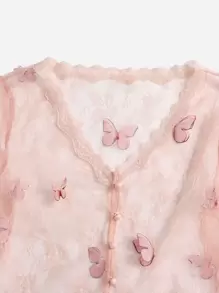 SHEIN 3D蝴蝶貼花細節透視網紗上衣 - 淺粉色 - 查看 5
