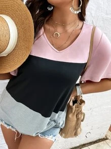 SHEIN LUNE Plus Twist Hem Colour Block Tee - Multicolor - View 4