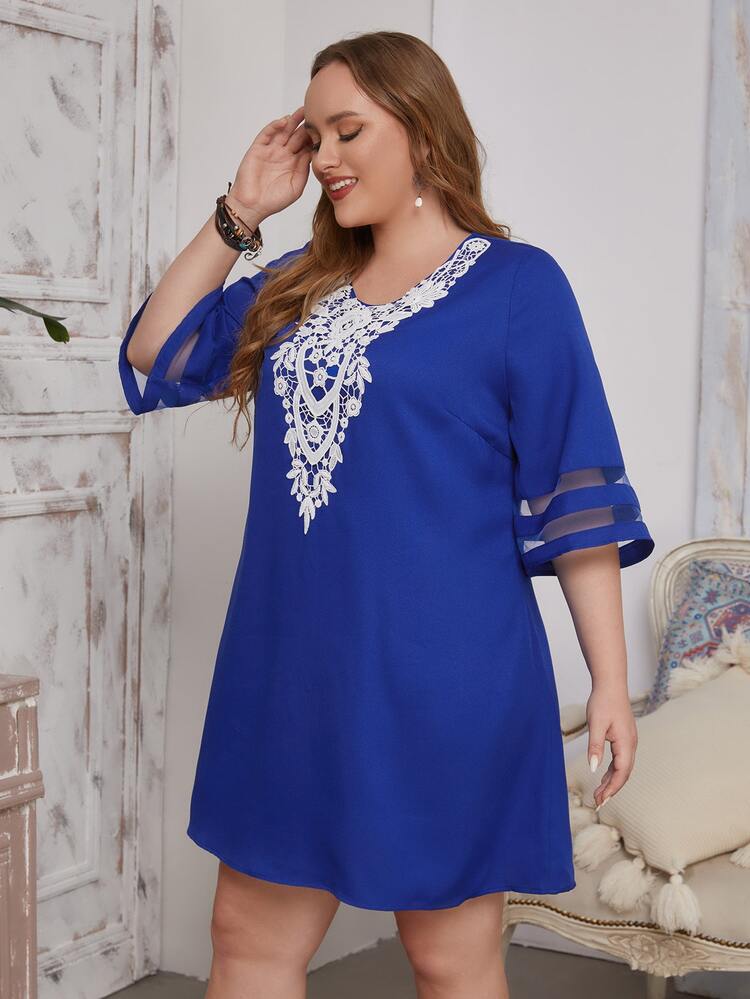 EMERY ROSE Đầm Plus Size Đề can Tương phản Mesh Hoa Giải trí - Màu xanh lam - Xem 5