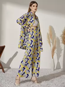 Seusyu Geo And Striped Print Button Up Blouse With Trousers - Multicolor - View 1
