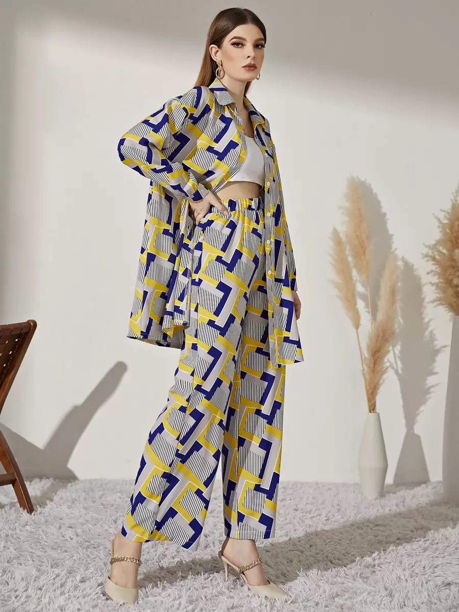 Seusyu Geo And Striped Print Button Up Blouse With Trousers - Multicolor - View 1